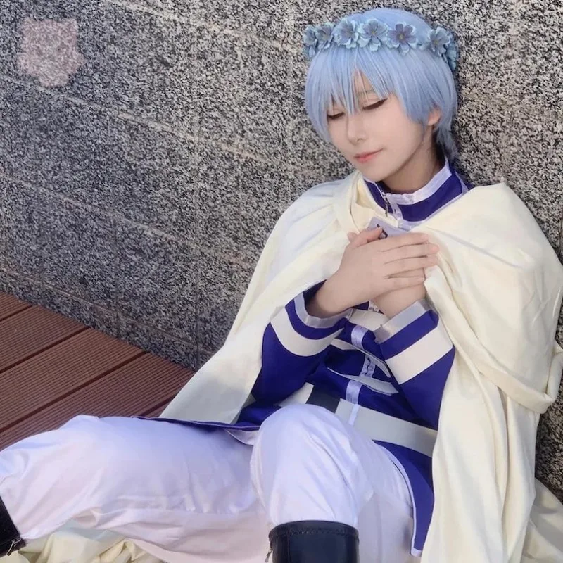 

Anime Himmel Cosplay Costume Blue Top White Pants Cloak Belt Wig Full Set for Men Role Play Outfit Theme Party Adults