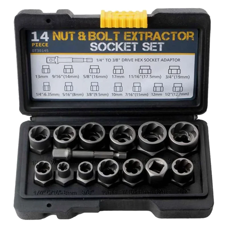 14Pcs Impact Bolt & Nut Remover Set, Stripped Lug Nut Remover with Hex Adapter Extraction Socket