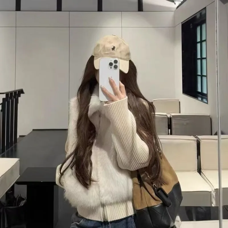 Otoño e Invierno nuevo chaleco de piel de zorro de imitación tejido empalme mangas removibles chaqueta de solapa delgada y versátil moderno elegante