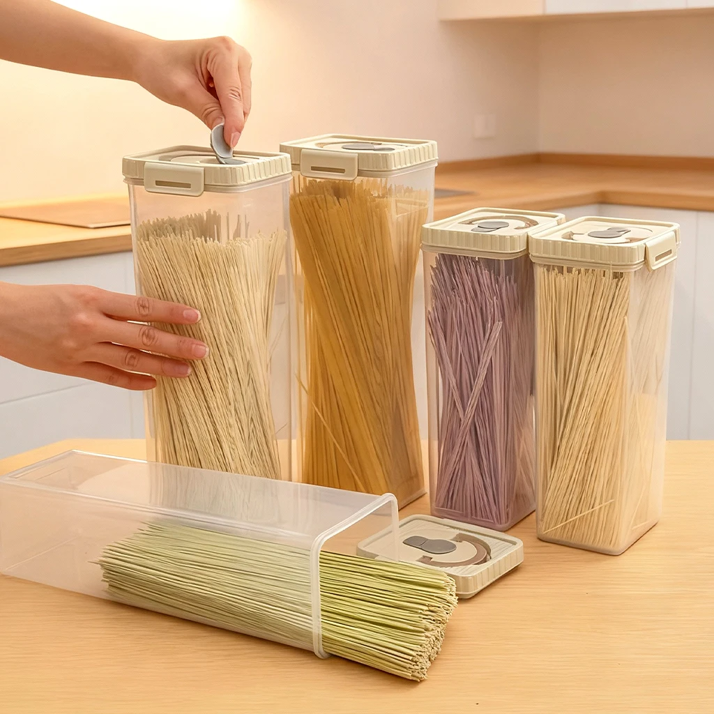 يمكن شراء صندوق تخزين المعكرونة مع مقبض المعكرونة البلاستيكية المقاومة للرطوبة مختومة يمكن السباغيتي تخزين الحاويات منظم مطبخ #2