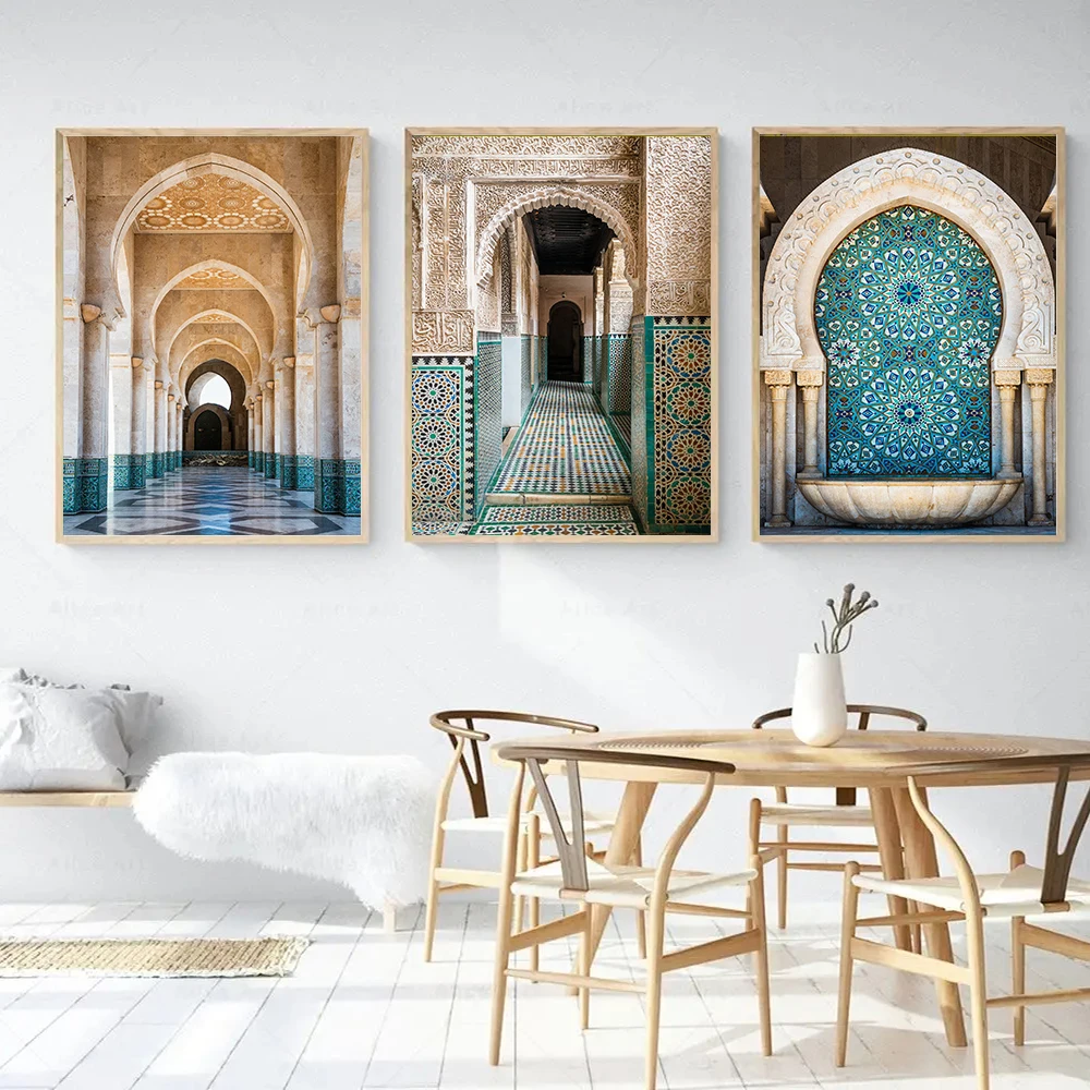 Set of 3 Morocco Architecture Poster, Canvas Painting Print, Mosque Archway Photo, Living Room Home Wall Art Aesthetic Decor