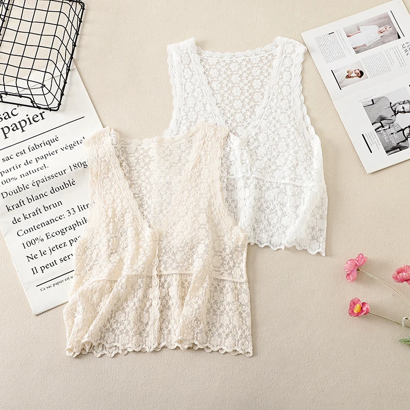 Retro V-Neck Lace Sleeveless Women's Summer Hollow out Knitted Cardigan Button Front Short Style Casual Cotton Polyester Blend