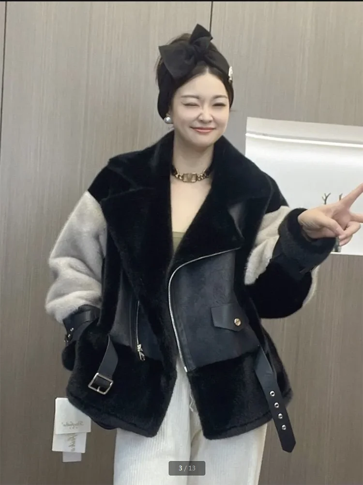 New Autumn Winter Fur One Motorcycle Short Jacket Outwear Women's Stitching Contrast Color European Mink Fleece Motorcycle Coat