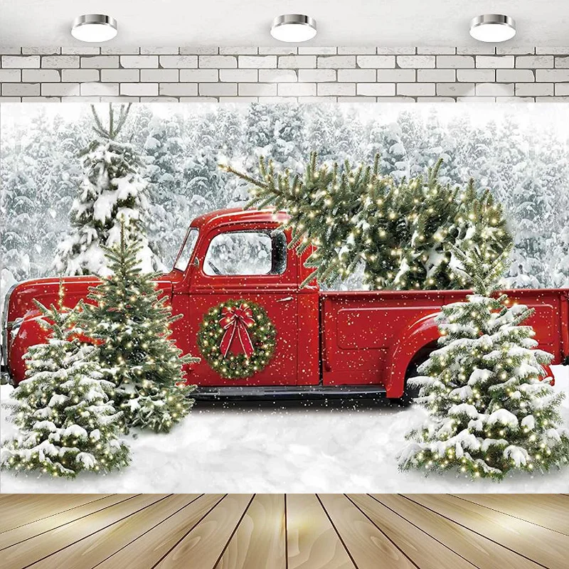 Christmas Red Truck Background Winter Snowy Forest Tree Xmas Snow Seasonal Baby Shower Birthday Party Banner Photobooth Prop