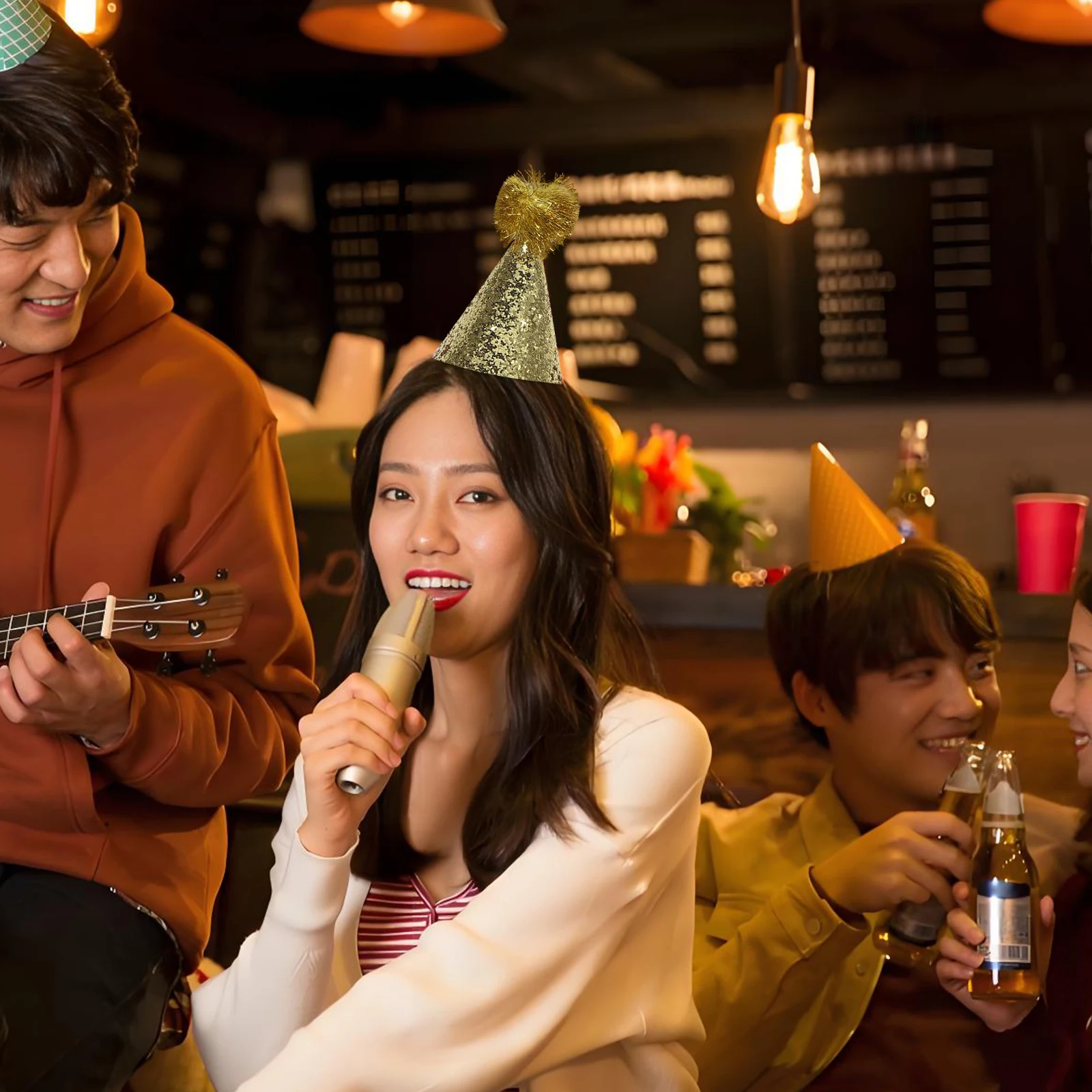 

8Pcs Party Decorations Hats Glitter Birthday Cone Hats for Adults Festival Celebration Decor Fun Pompom Lightweight