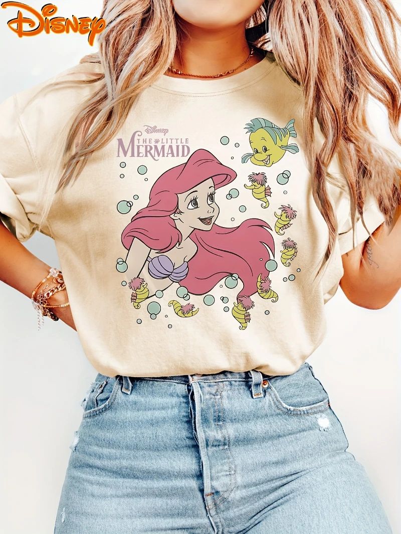 

Disney Women's Mermaid Princess for Ariel Print Summer Crew Neck Casual Top Fashion Sports Loose Cartoon Short Sleeves
