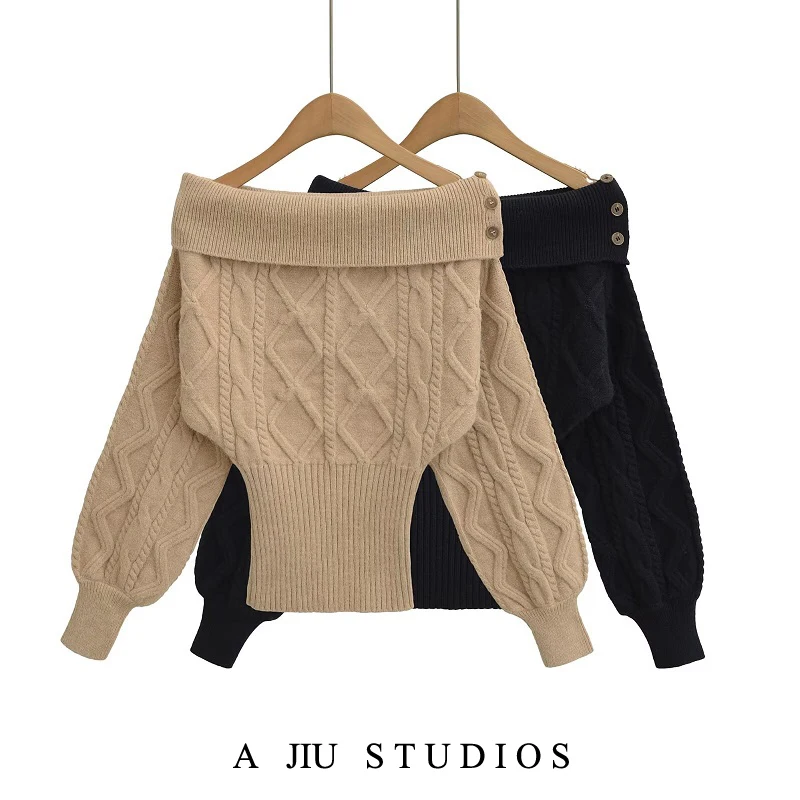 

American Retro One Shoulder Sweater Women's Autumn Winter Versatile Slimming Knitted Shirt Shoulder Exposure Top Street Style...