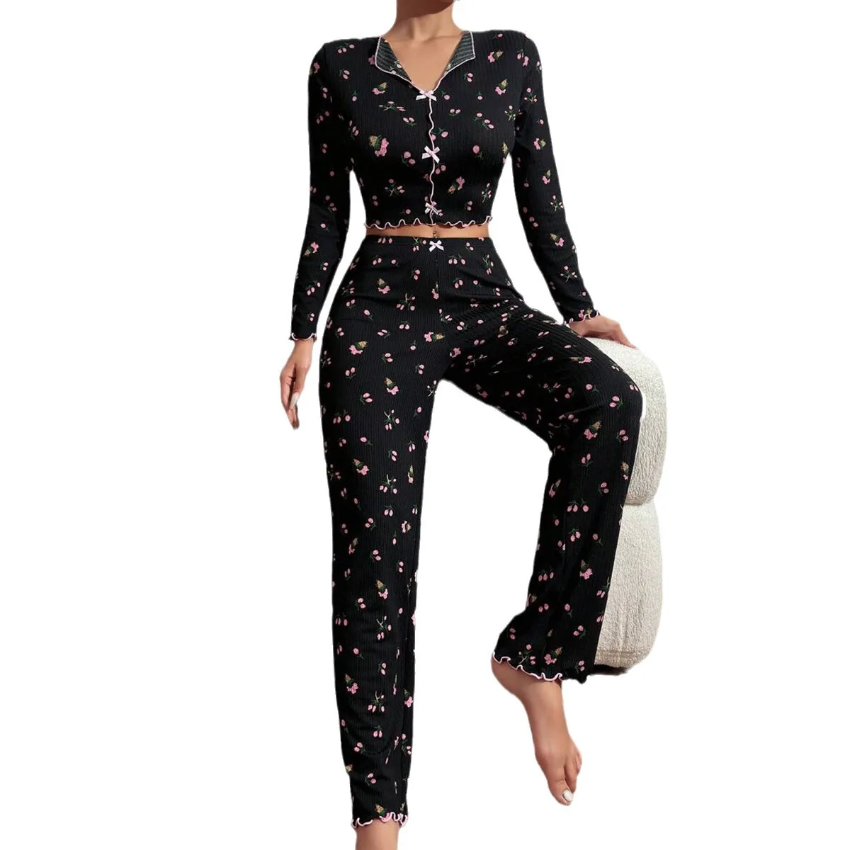 Autumn Pajamas Women's Casual Sexy Lapel Rolled Hem Long Sleeve Trouser Sets Casual Home Wear 2 PCS Home Clothes Sleepwear