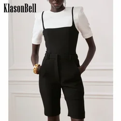 2.28 KlasonBell 2024 Spring New Black White Spliced Short Sleeve Back Zipper Blouse Top Or Knee Length Pants Set Women