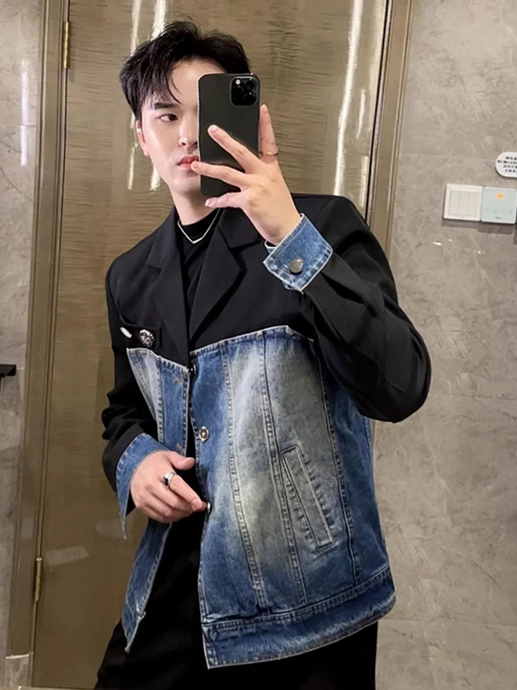 Casual Denim Patchwork Men's Suit Korean Style Spring Autumn Trendy Design Standard Fit Long Sleeve Button Decorated Westwear