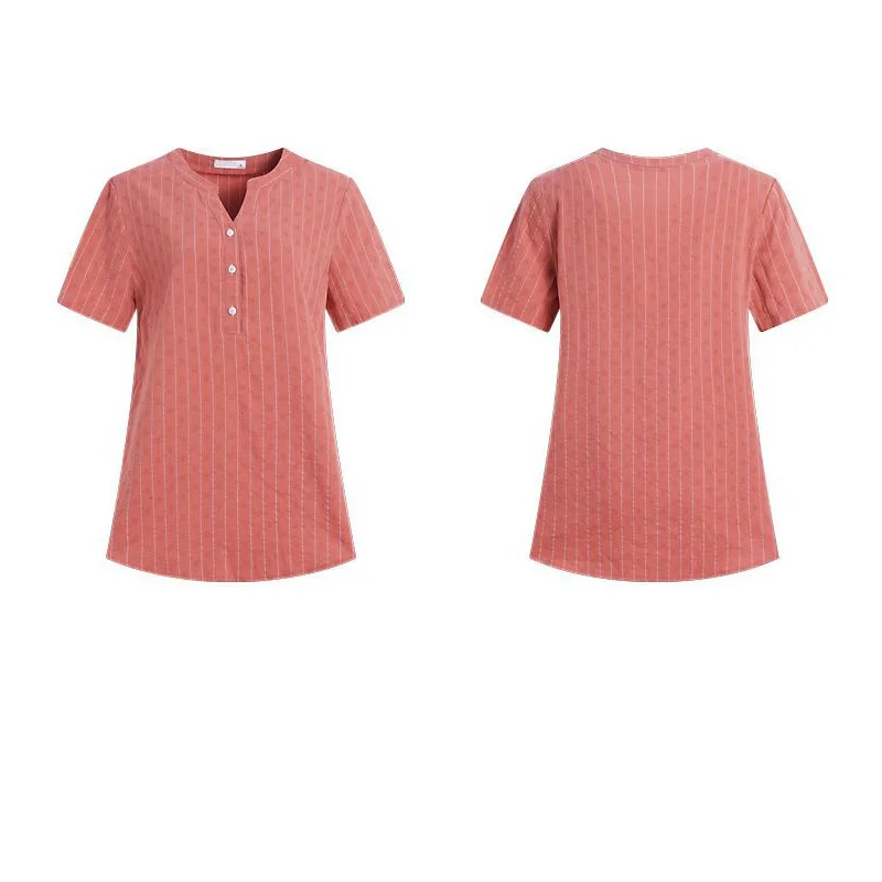 Woman Elegant Blouses Summer Short Sleeve T-Shirt Cotton V-Neck Pullover Button Solid Loose Fashion Casual Striped Tops