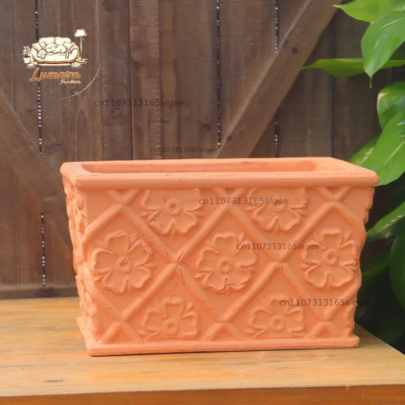 Red Pottery Checkered Flower Rectangular Pot, Pure Hand Press, Thick and Sturdy, Breathable Large Pot for Garden and Balcony