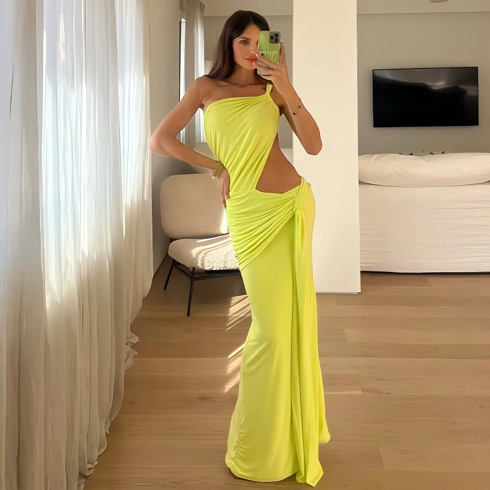 

GG Backless Hollow Dress Women One Shoulder Irregular Pleated Solid Tassel Patchwork Midnight Clubwear Party Vestidos