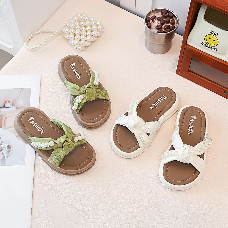 

Girls Bowknot Pearl Slides Sandals, Soft Non-slip Kids Summer Beach Shoes, Casual Outdoor Flat Slippers for Children