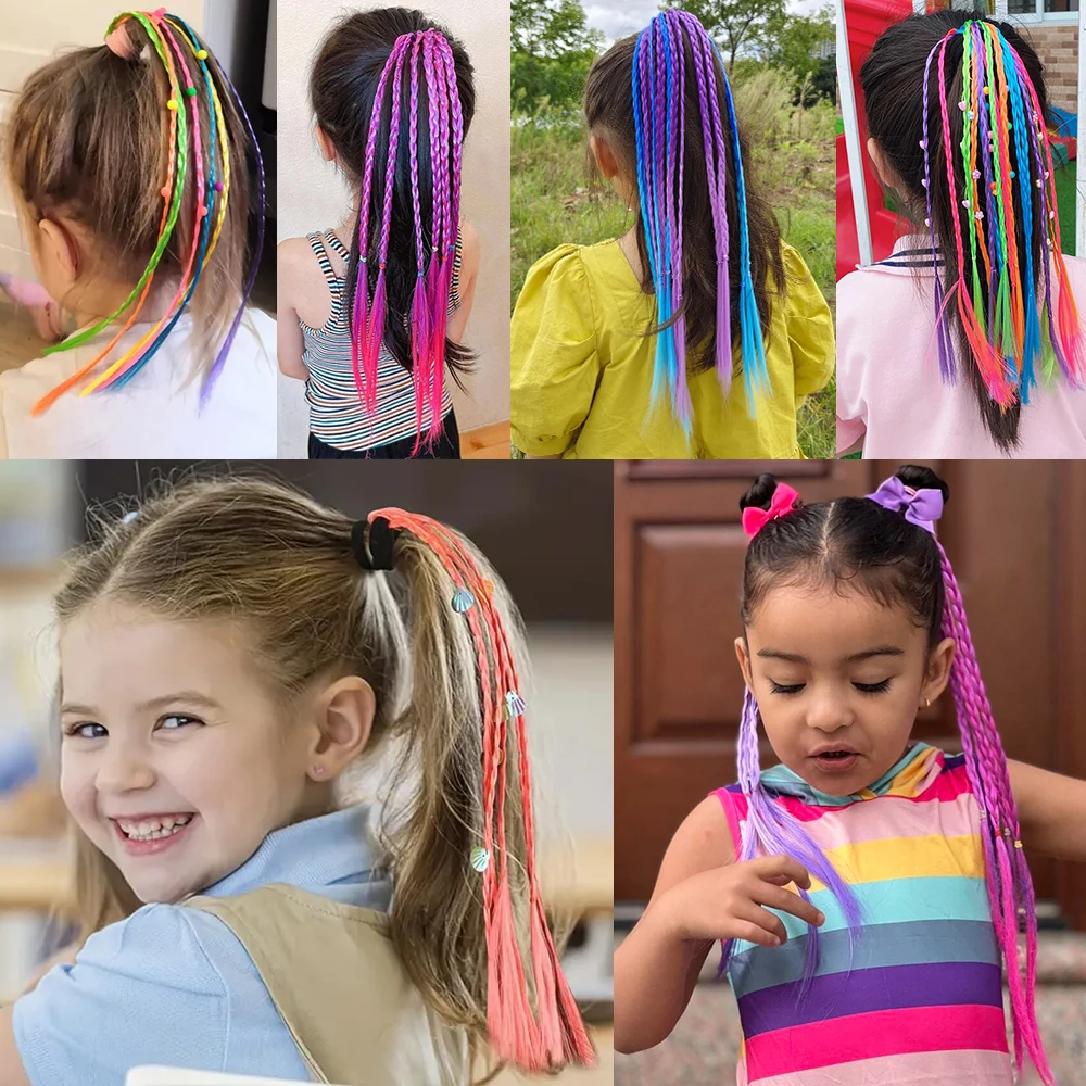 Synthetic Braids Hair Extensions With Rubber Bands Colorful Wig Kids Twist Braid Rope Ponytail Ornament Headdress