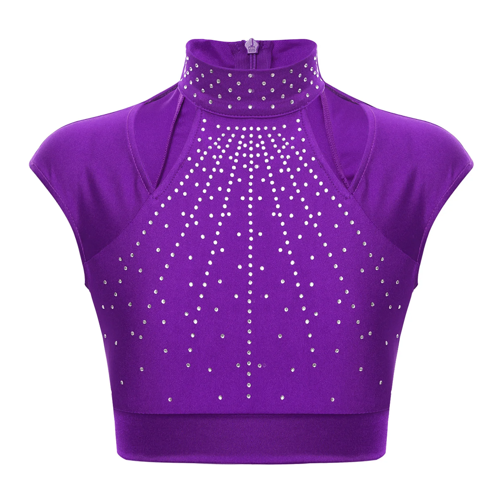 Kids Girls Shiny Rhinestones Dance Crop Top Sleeveless Cutout T-Shirts Tops for Figure Skating Ballet Gymnastics Performance