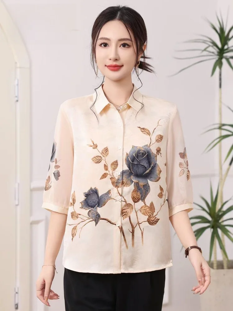 Ele Silk Commuter irt 2025 Summer New Sle Medium Sve Embroidered Women's Top  Collar Single Button Chinese Sle
