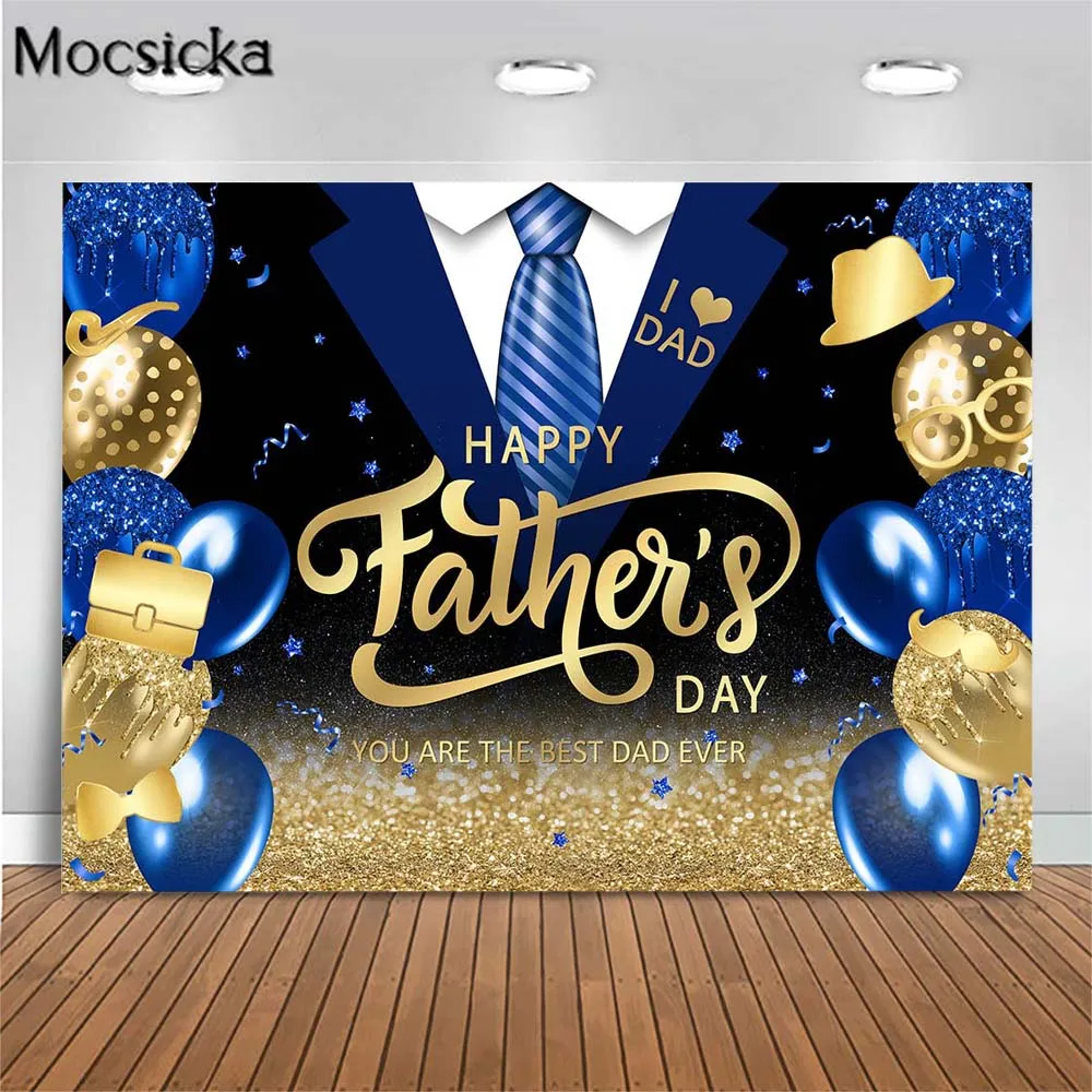 

Mocsicka Father's Day Backdrop I Love Dad Party Decoration Blue Tie Gold Glitter Balloon Photography Backgrounds Best Dad Banner