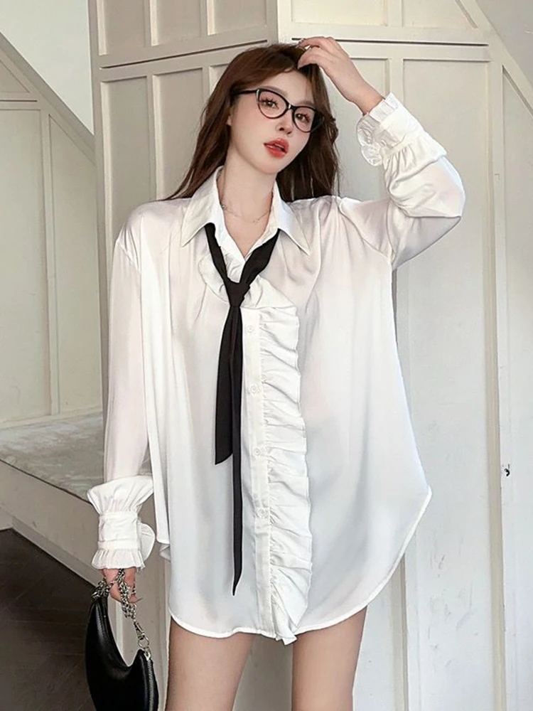 Zoki Ruffles Tie Satin Shirt Women Loose Fashion Long Sleeve Elegant Blouse Korean Casual Design Female Sweet Chic Spring Tops