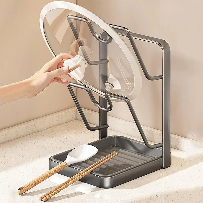 ​Kitchen Pot Lid Rack No Drill Pot Lid Organizer Kitchen Space Saving Countertop Organizer Rack With Drainage Tray Easy To Clean