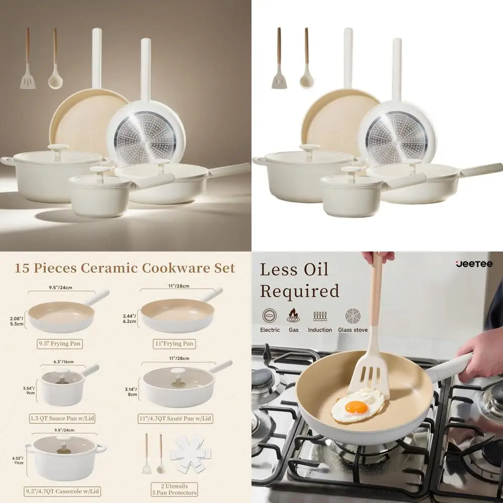 

15-Piece Non-Stick Ceramic Cookware Set with Removable Handles, Induction Compatible, Oven Safe, PFAS/PFOA Free, Cream