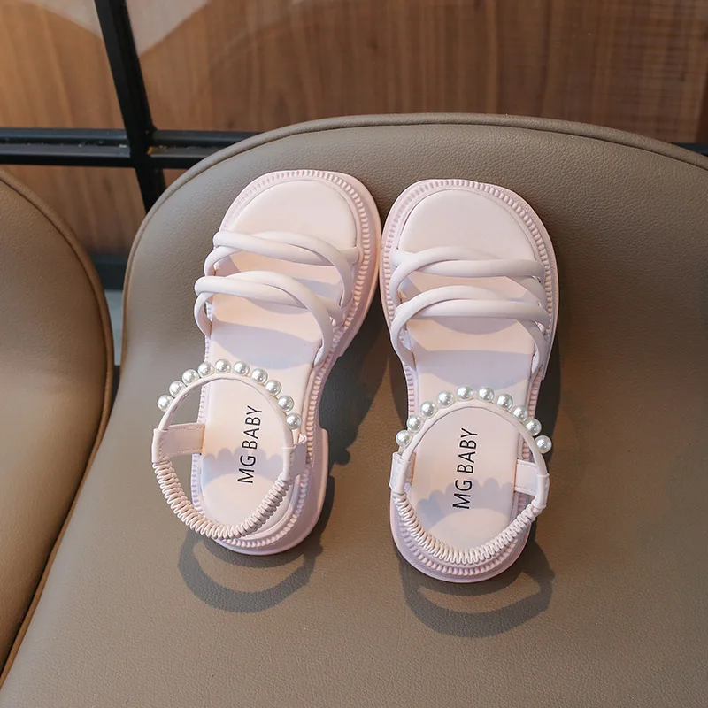 Girl Sandals Summer Children Princess Causal Pearl Beach Shoes Fashion Open-toe Kids Flat Sandals Solid Color Versatile Slip-on