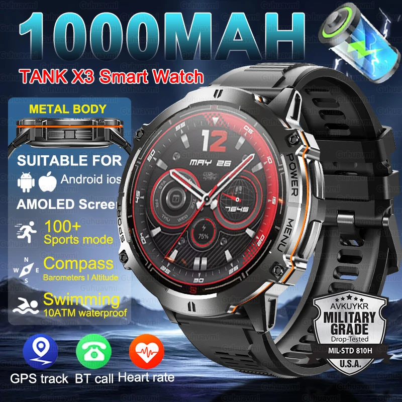 

Новые уличные смарт-часы с аккумулятором 1000 мАч для мужчин и взрослых, GPS-компас, альтиметр, 10 АТМ, водонепроницаемые, пульсометр, BT Call, спортивные умные часы для мужчин