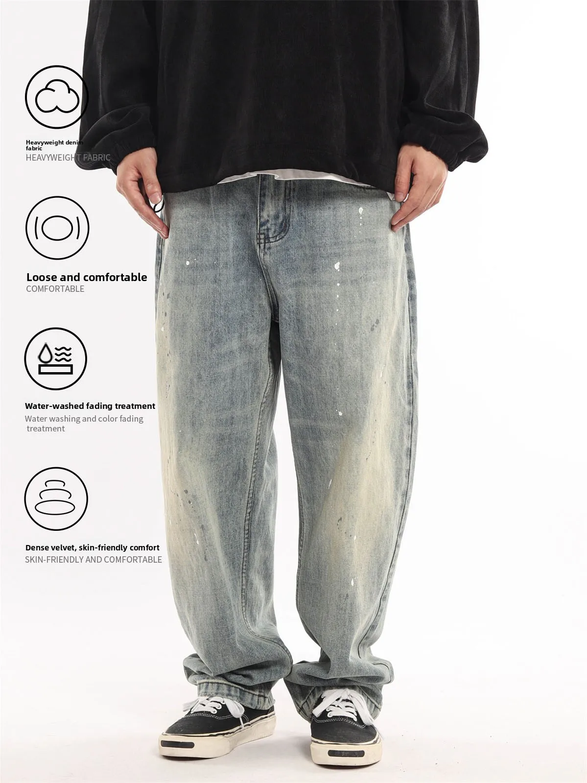 Retro American Graffiti Painted Distressed Cotton Straight Leg Loose Fit Casual Wide Leg Men's Jeans Heavy Washed Denim