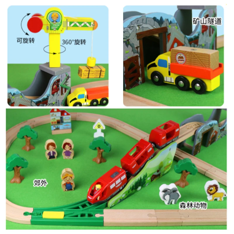 Juego de tren de madera, grúa de mina, rotonda, tren magnético eléctrico, Compatible con riel de madera, regalo para niños G6