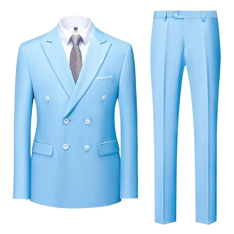 

Blue Men Party Tuxedos 2 Pieces Latest Peak Lapel Men Suits Fashion Style Suits Double Breasted Blazer Pants Formal Suits Set