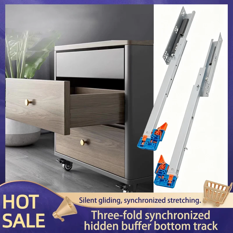 Side/Bottom-Mounted Drawer Slide 3-Section Linkage Full Extension Sync Mute Damping Quick-Install Rail For Cabinets