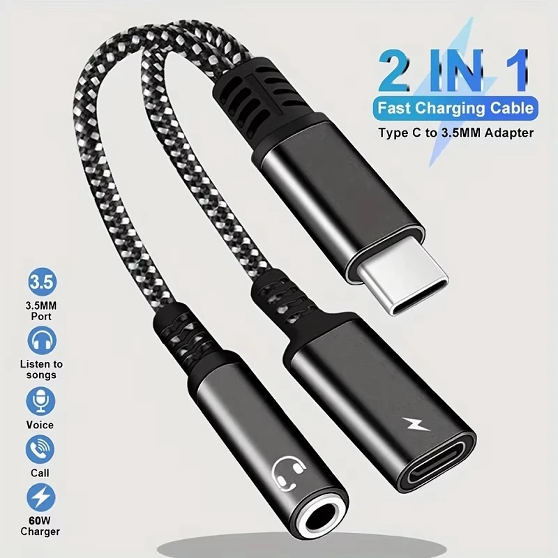 PD 60W Fast USB Type C to 3.5mm Headphone and Charger Adapter 2-in-1 USB C to AUX Audio Jack Dongle Cable For iPhone 17 Samsung