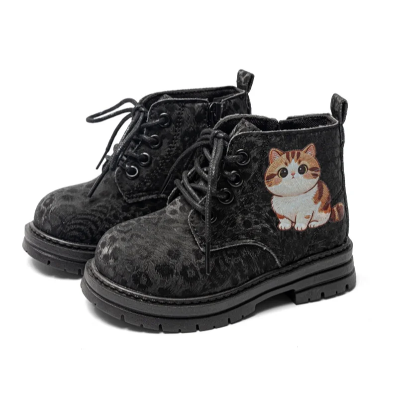 2026 New Autumn Children Boots Pu Leather Girls Shoes Rubber Sole Ankle Boots Cartoon Cat Zip Side Fashion Toddler Boys Shoes