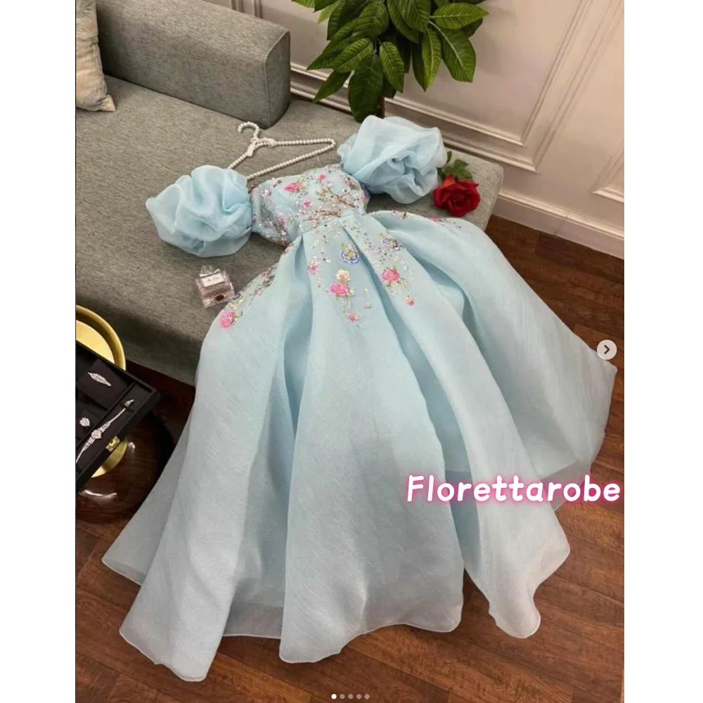 

Customized Blue Prom Dress For Wedding Applqique Flowers Puffy Floor Length Princess Birthday Evening Gowns