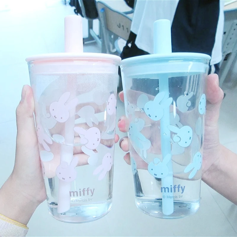 Miffy Glass Cup with Straw Cute Cartoon Drinking Glass Large Capacity Milk & Coffee Tumbler for Girls Heat-Resistant Gift Ready view 6