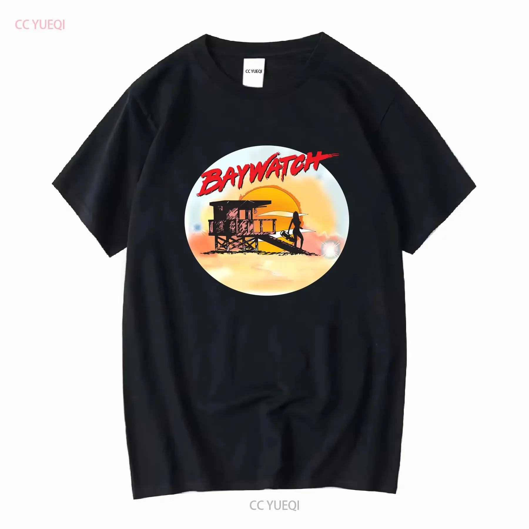 Baywatch Airbrush Weißes T-Shirt für Erwachsene, Vintage-Waschung, für den Alltag, dehnbar, stilvoll, lässig, Unisex, leicht