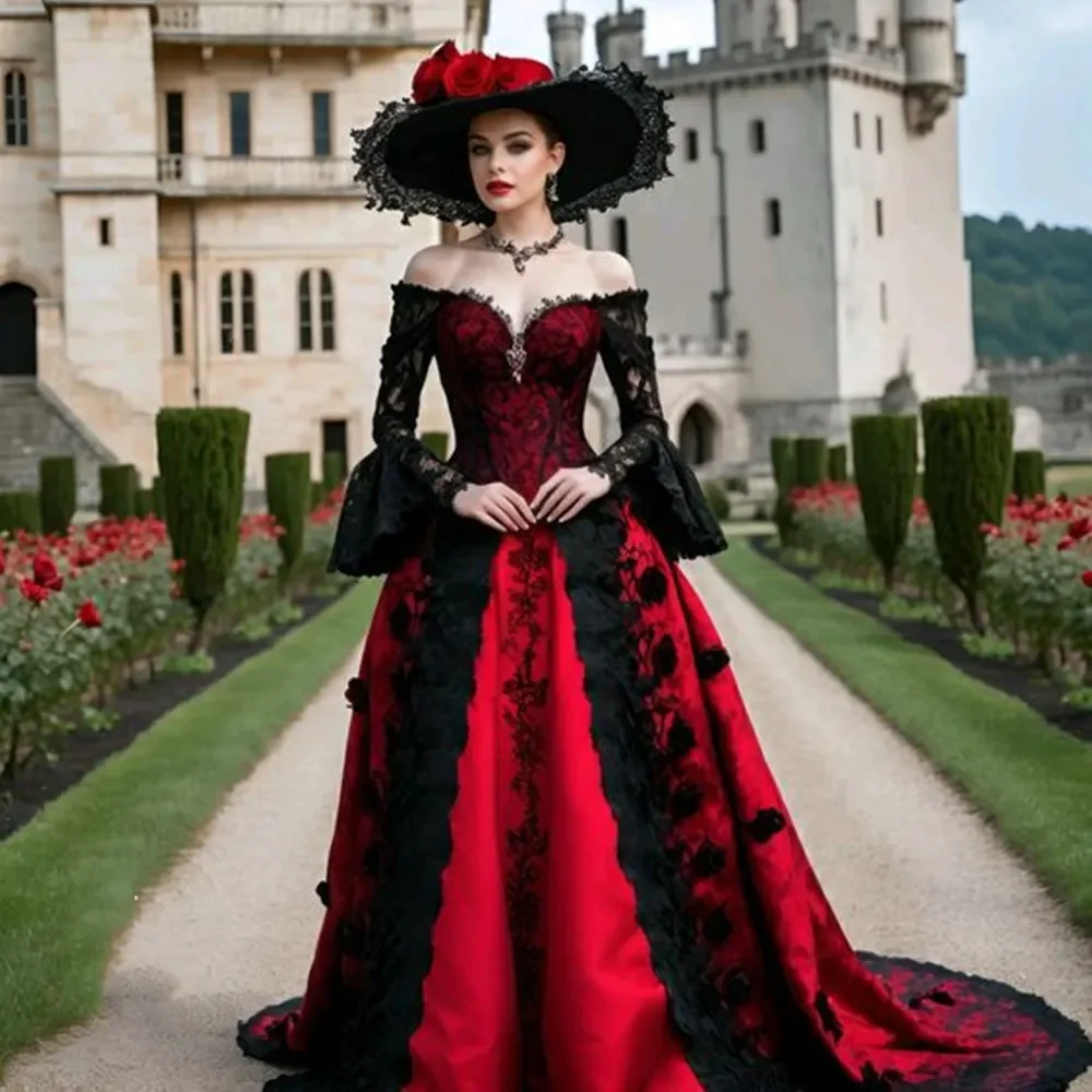 Medieval gothic victorian Bridal Gown costume Long Sleeve Black Red applique lace-up corset wedding dresses outfit cusotmsized