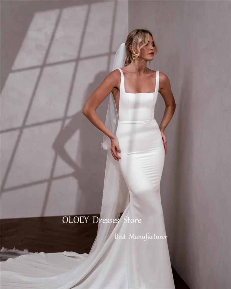 OLOEY-Robe de mariée sirène en satin, simple, avec poignées, bretelles à la traîne, pour femmes patientes, quelle que soit la taille