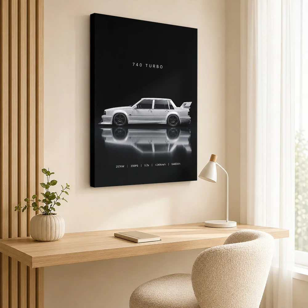 Sleek Modified Swedish 740 Turbo White Car Canvas Painting Poster Personalized Photo Gallery Style Canvas Wall Art Garage Decor