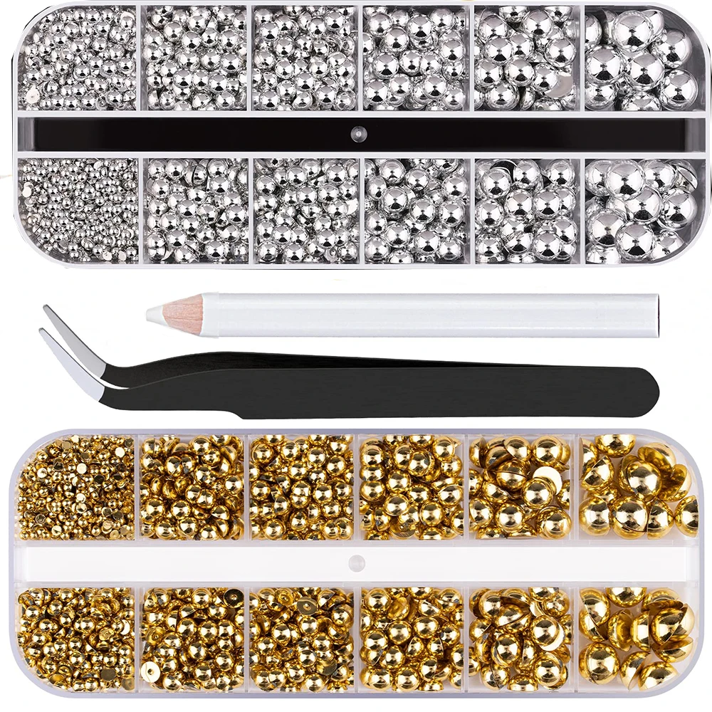 12Grid Gold Sliver Acrylic Half Round Pearl Beads Flatback Rhinestones Multi-size Micro Ball Nail Charm with Pickup Pen Tweezer
