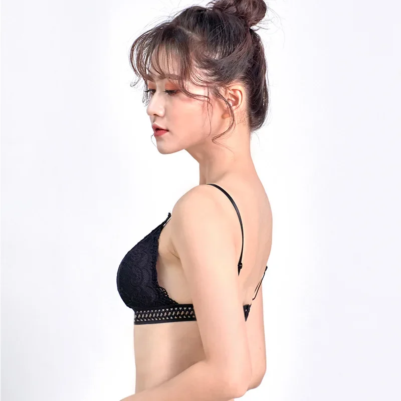 New French Style Thin Triangular Cup Bra Girls Students with Wrapped Chest Without Steel Ring Lace Bra with Chest Pad for Women