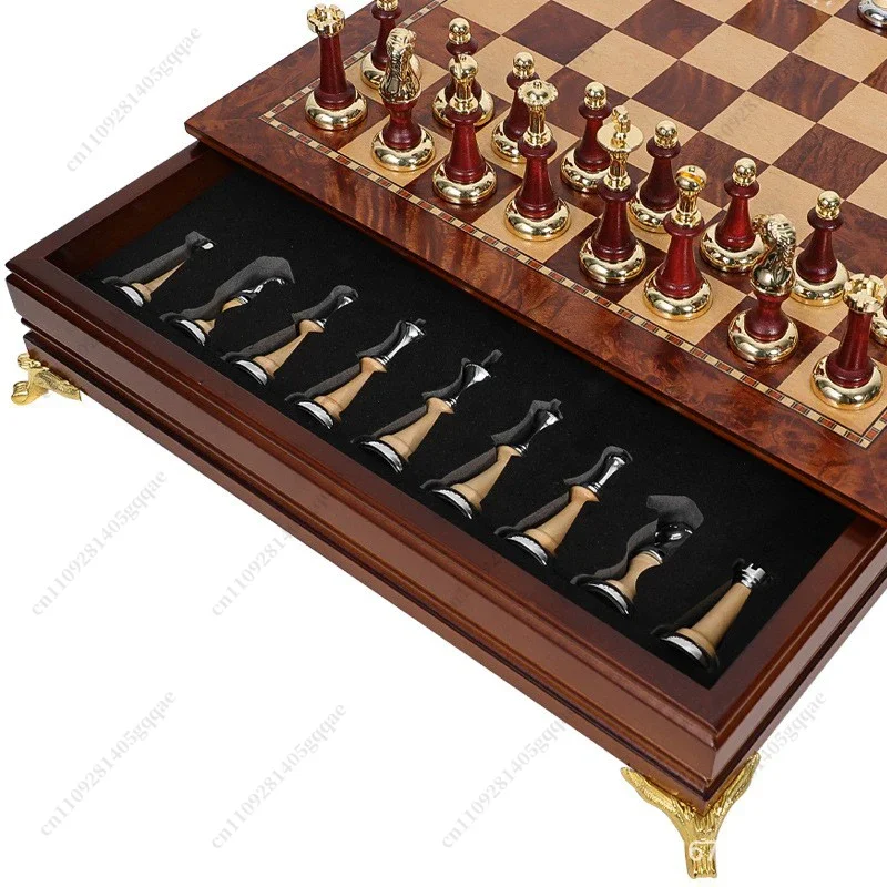 OYLP High-end Drawer Chess Solid Wood Chess Pieces Inlaid with Metal Chess Desktop Ornaments