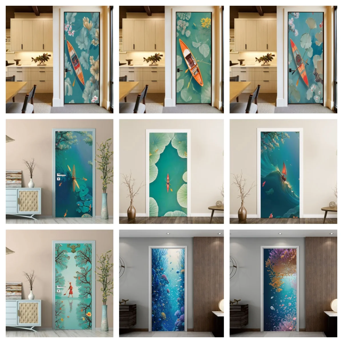 

Wallpaper Door of Lake Boat with Deep-sea Coral Pattern, Vinyl PVC Home Decoration, Bedroom, Living Room, Bathroom Cabinet