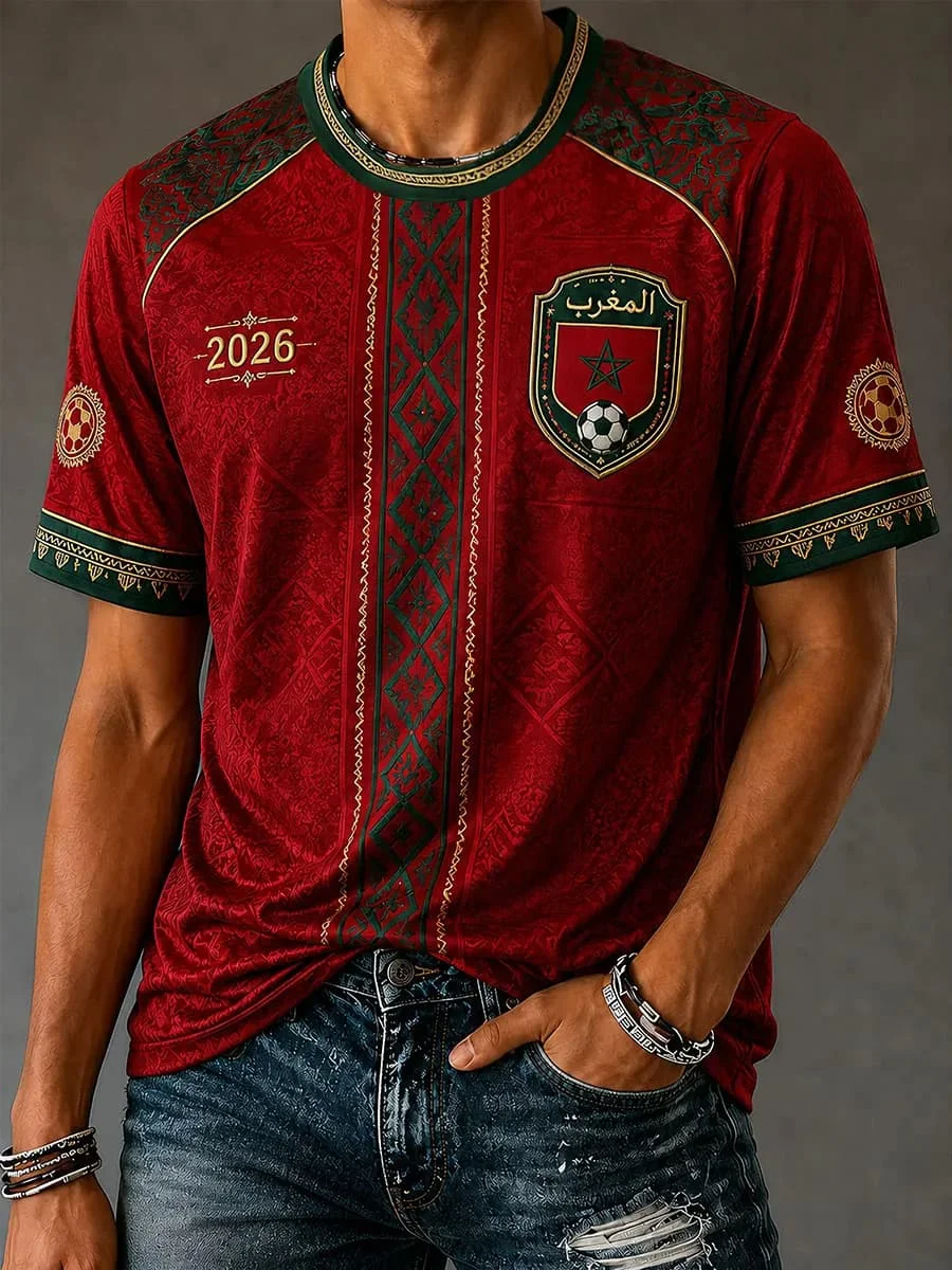 Morocco National Team Red Football T-Shirt, Women's Men V-Neck Sportswear with Script & Star Motif  2026 New Colthing