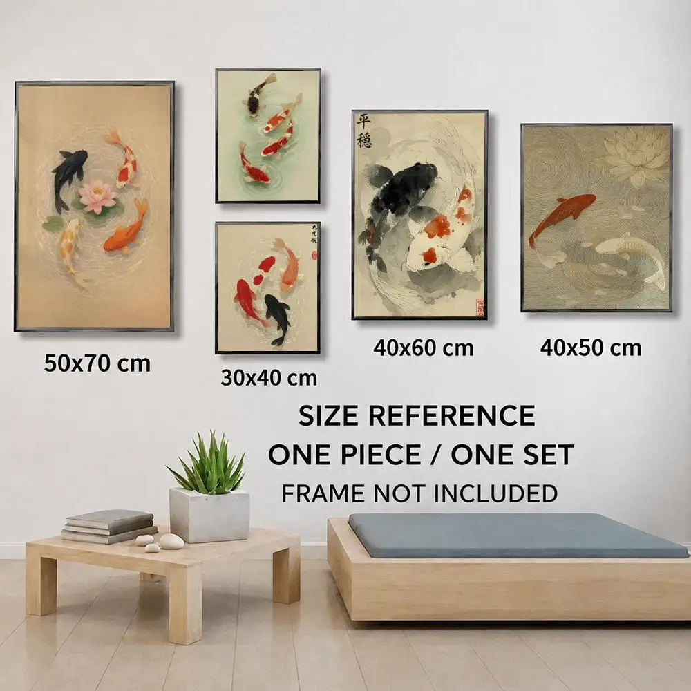 Japanese Koi Fish Poster Minimalist Asian Zen Wall Art Japandi Pond Print Home Decor Poster HD