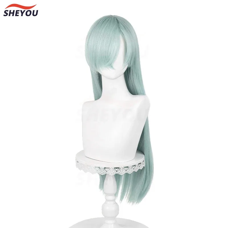 Peluca de Cosplay de Elizabeth Liones, pelo sintético largo cian resistente al calor, pelucas para juegos de fiesta + gorro de peluca