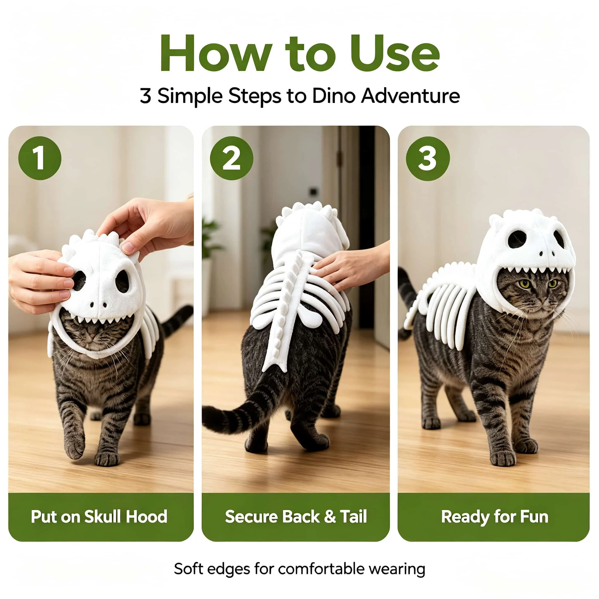 Halloween Dinosaurier-Skelett-Katzenkostüm, leuchtet im Dunkeln, Plüsch-Kapuzen-Cosplay-Outfit für kleine und mittelgroße Katzen, lustiges Party-Foto-Requisit – Detail 8