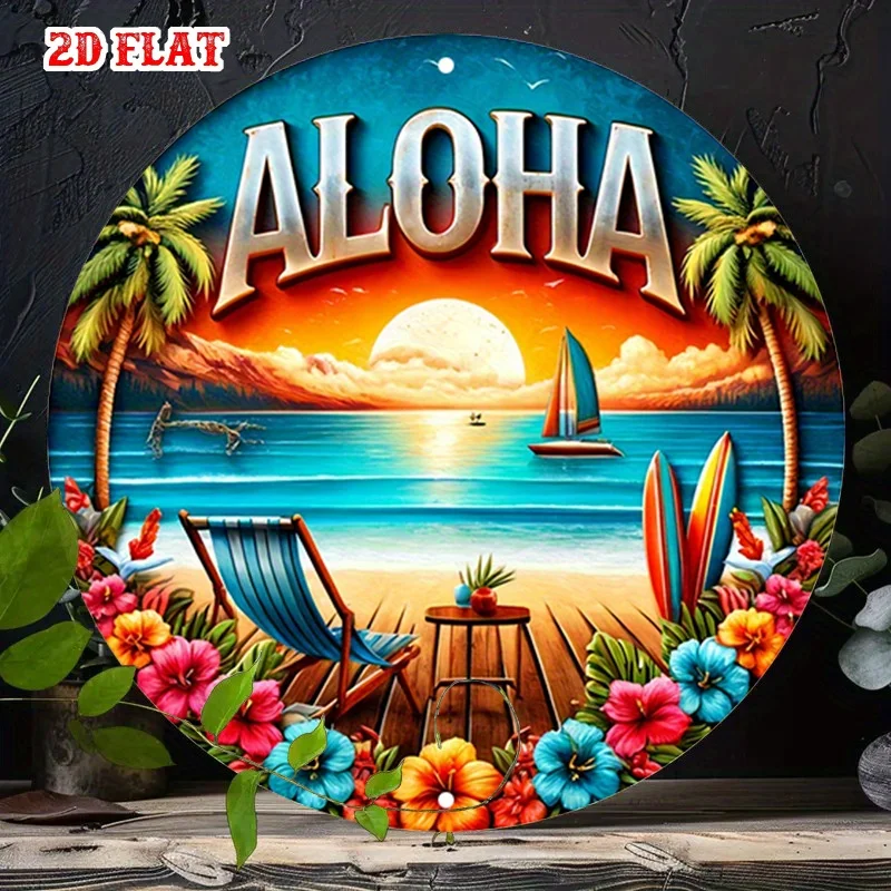 1pc of Stunning 2D Flat Round Aluminum Sign Measuring Featuring The Aloha Spirit And Surfing Vibes.Garage,Dining Area, Or Café