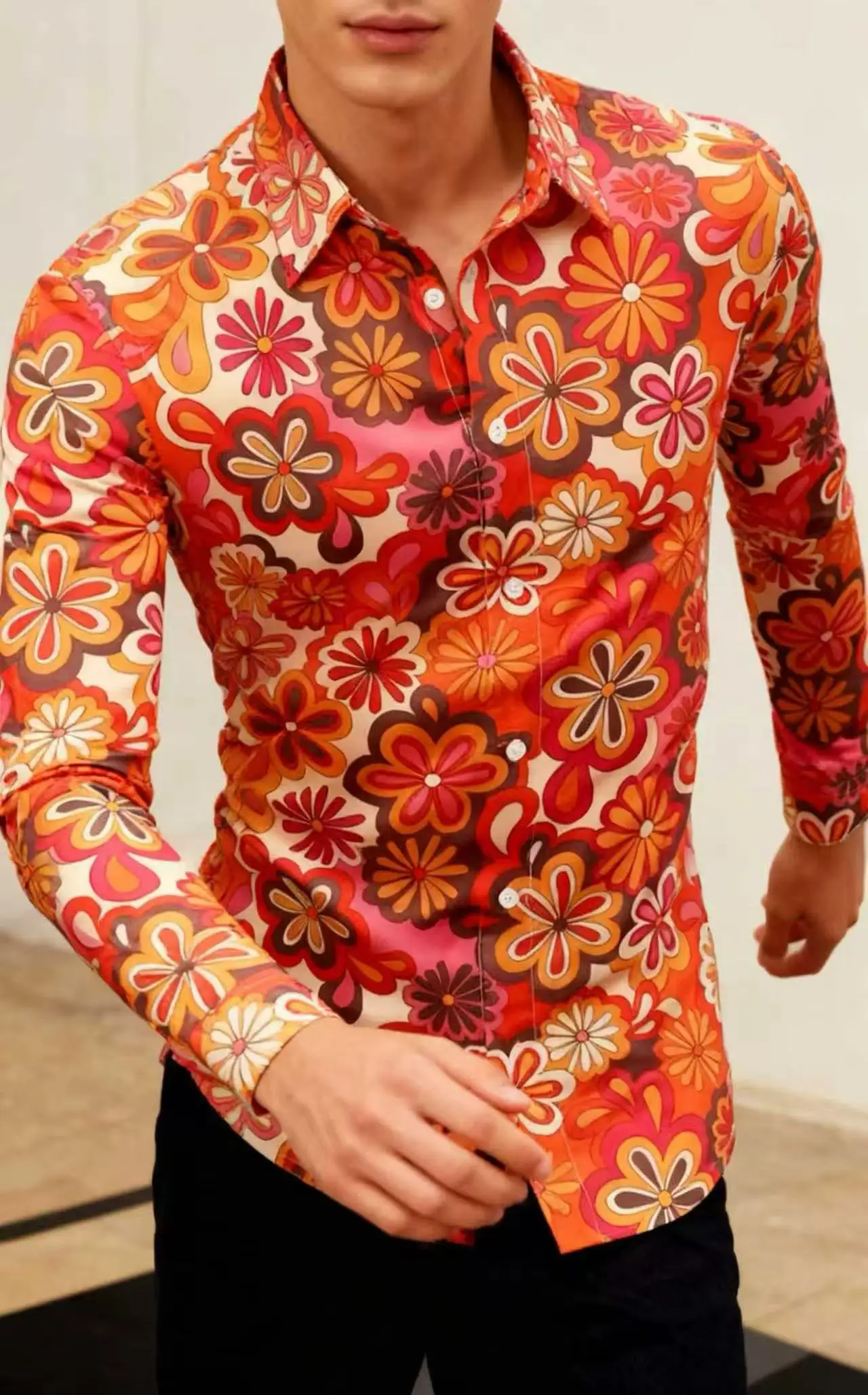 

Хэллоуин хиппи мужская дискотека хип-хоп пуговицы цветок ретро рубашка с длинными рукавами принт цветок пуловер блузка универсальный топ