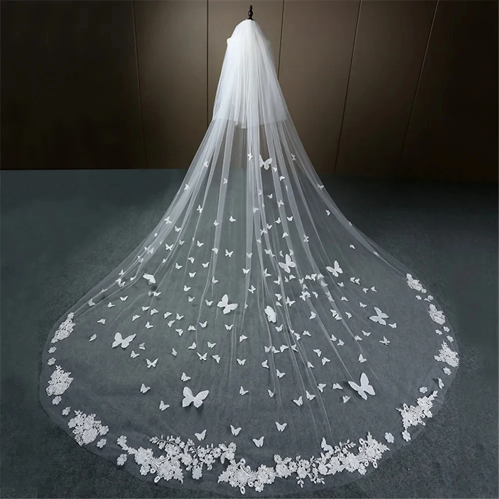 Wedding Veil Long Lace Edge 3D Butterfly Floral Appliques Face-Covered 1 2 3 M Bridal Veil With Comb velo de novia White Ivory